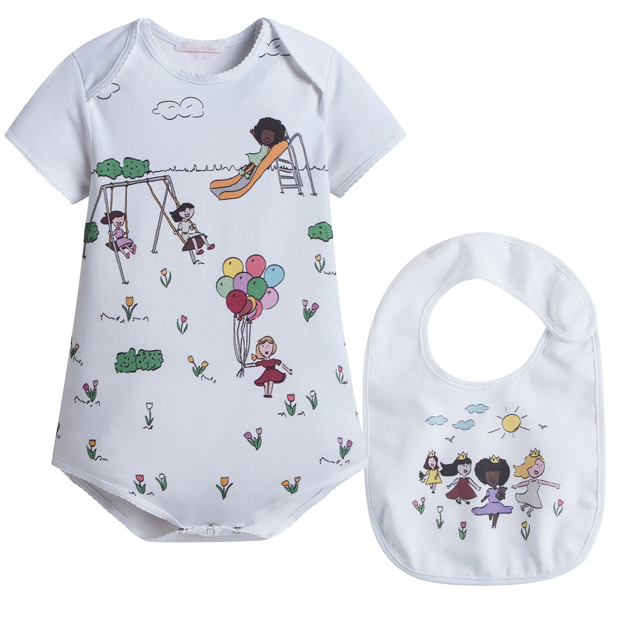 Baby Girls White Fancy Printed Bodysuit & Bib Gift Box Set
