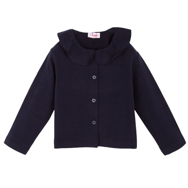 Girls Navy Blue Ruffled Collar Jersey Jacket - CÉMAROSE | Children's Fashion Store - 1