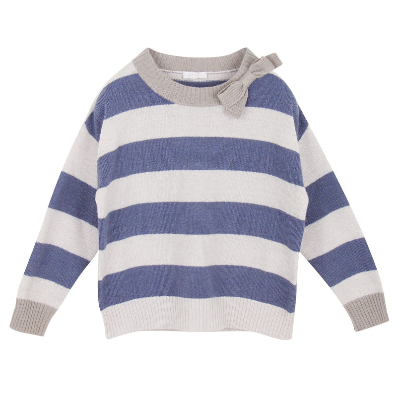 Girls Grey&Blue Stripe Sweater With Fancy Bow - CÉMAROSE | Children's Fashion Store - 1
