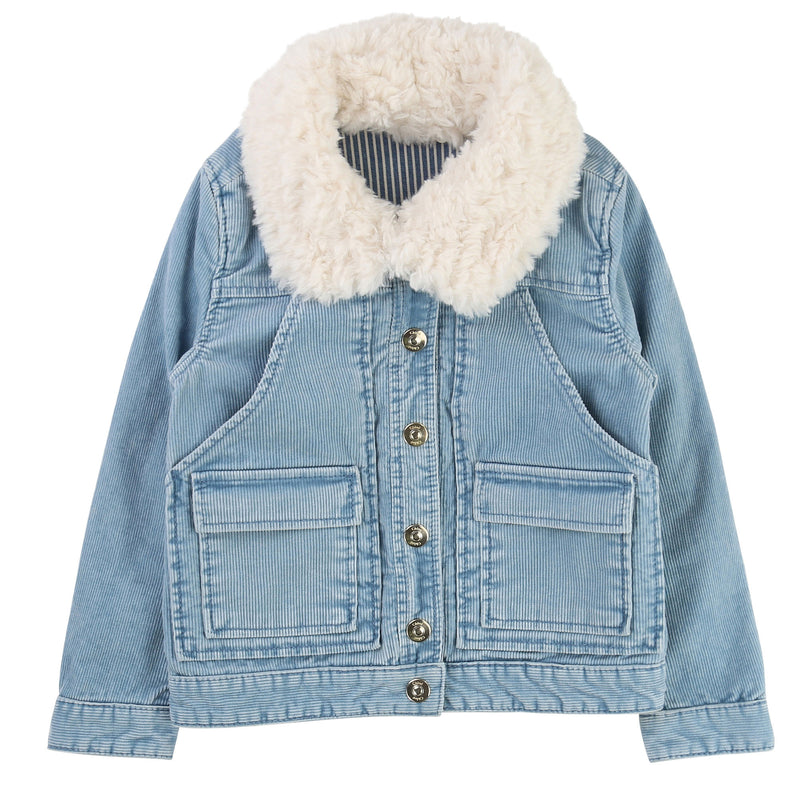 Girls Blue Denim Cotton Fur Collar Jacket - CÉMAROSE | Children's Fashion Store