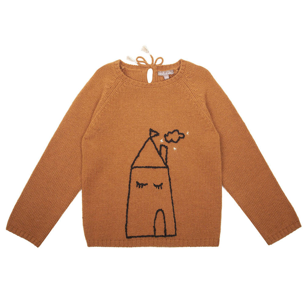 Girls Brown Hand-painted Printed Knitted Wool Sweater - CÉMAROSE | Children's Fashion Store