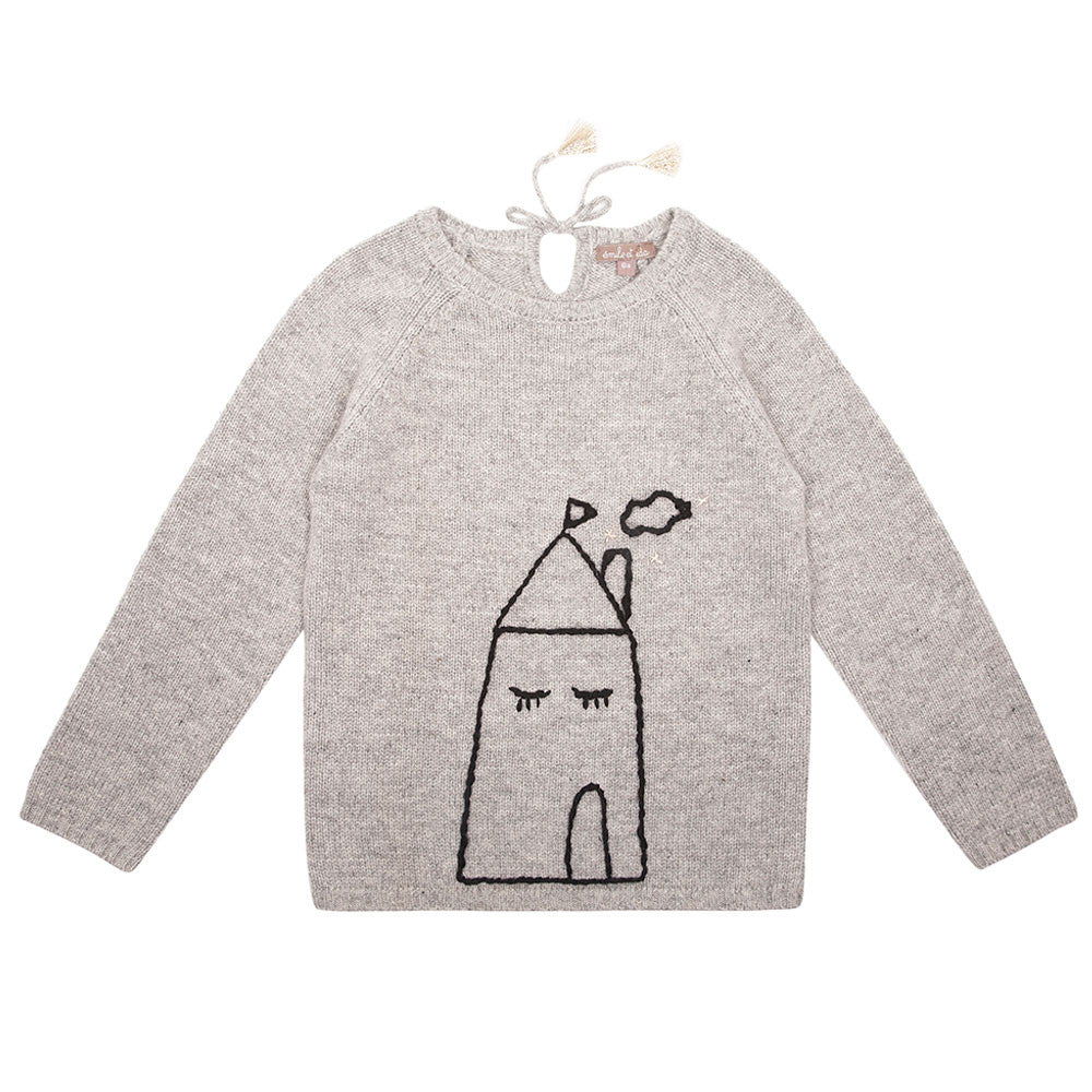 Girls Grey Hand-painted Printed Knitted Wool Sweater - CÉMAROSE | Children's Fashion Store