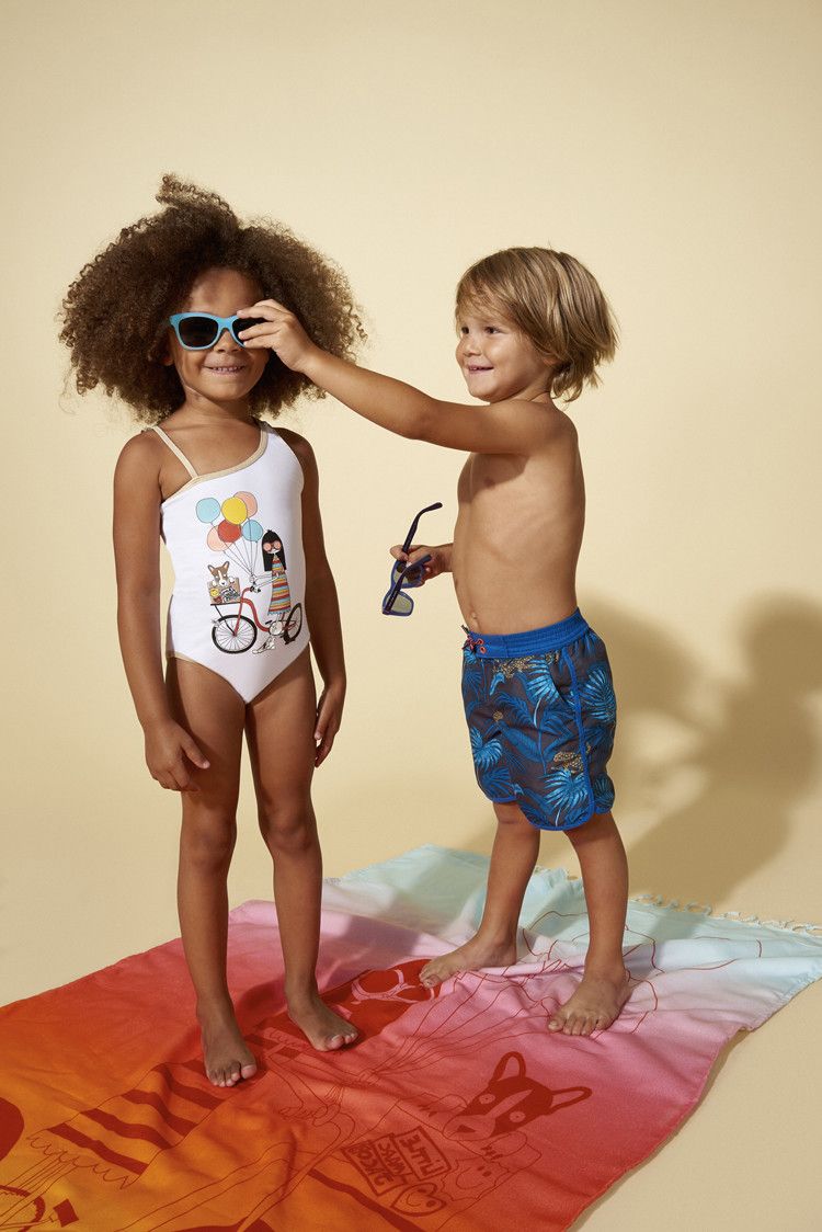 Girls White 'Mrs Marc' Printed Asymmetrical Straps Swimsuit - CÉMAROSE | Children's Fashion Store - 2