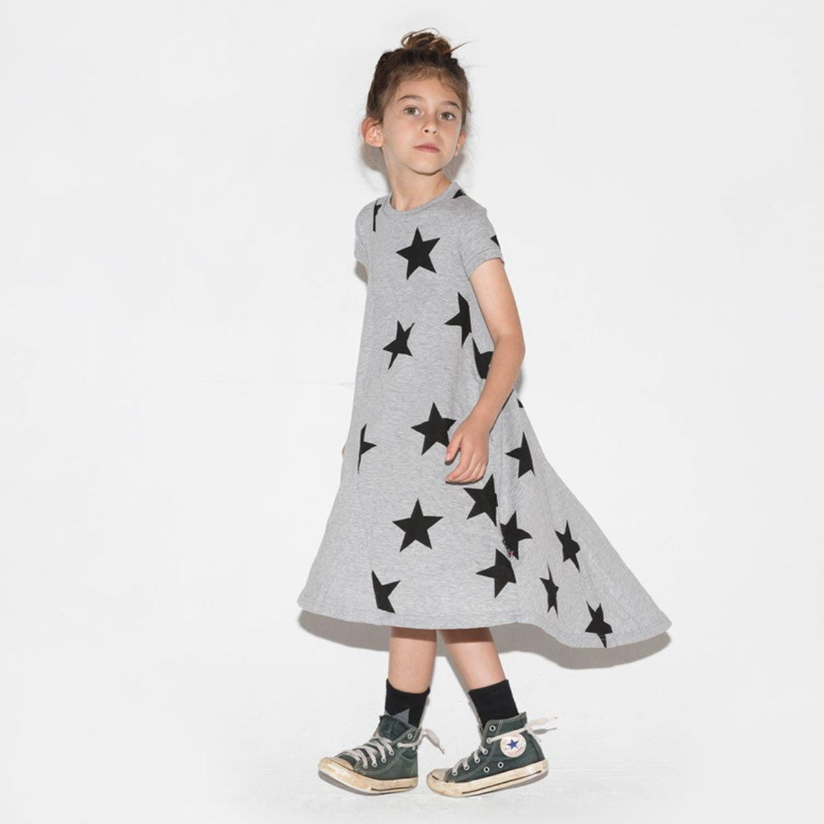 Girls Grey Star Printed Cotton Dress