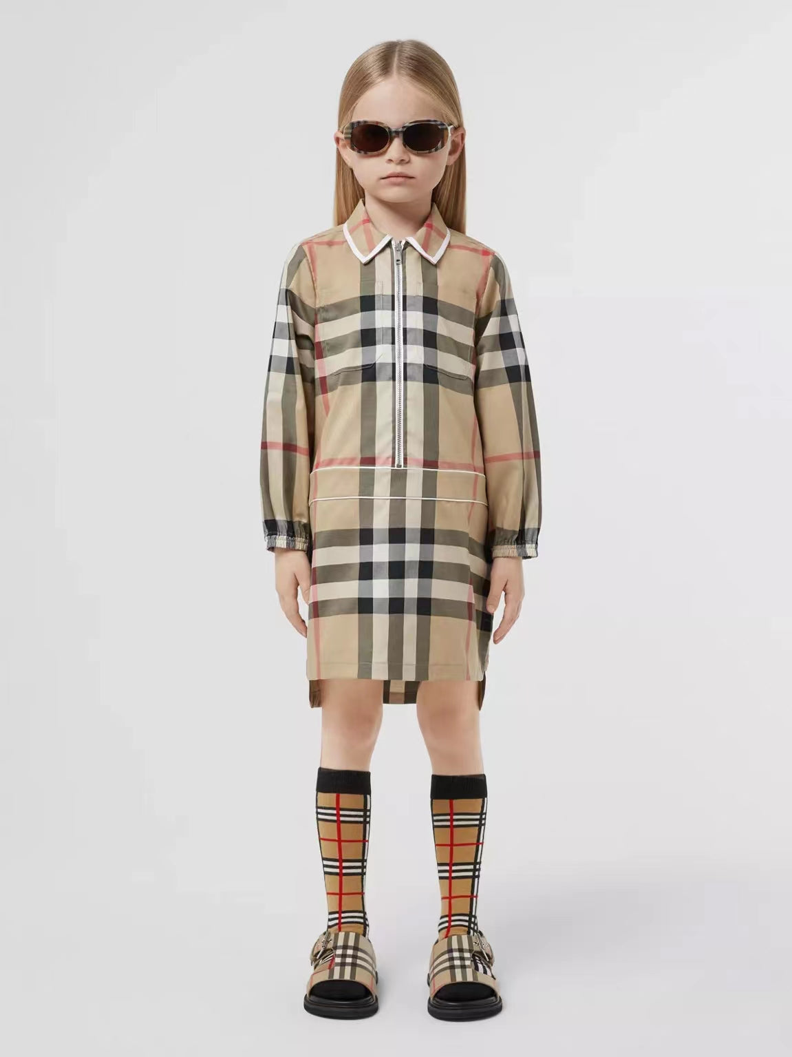 Girls Beige Check Cotton Dress
