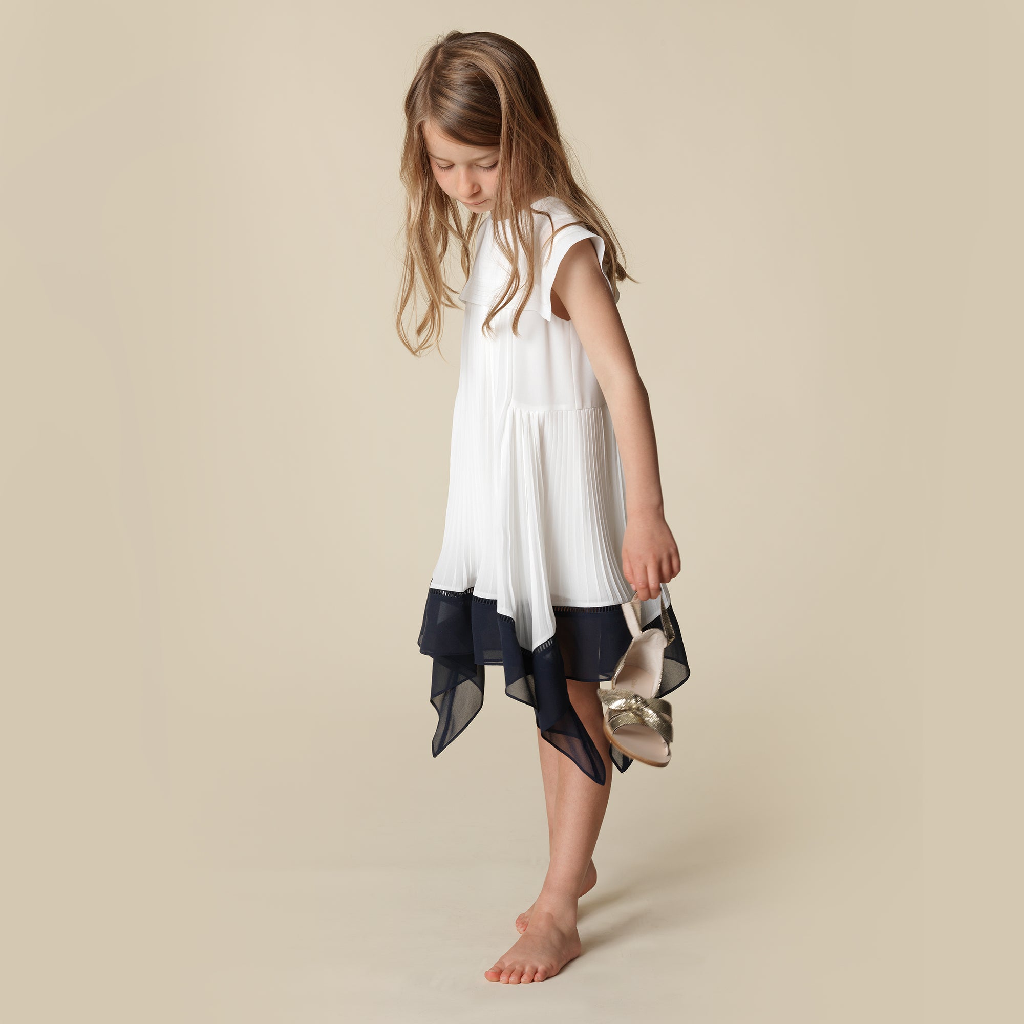 Girls White & Black Polyester Dress