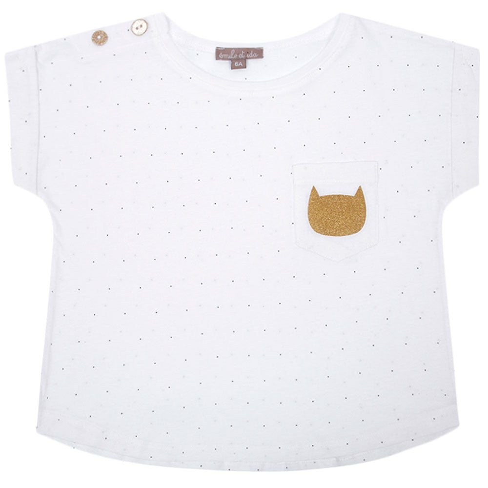 Girls White Cotton T-shirt With Cat