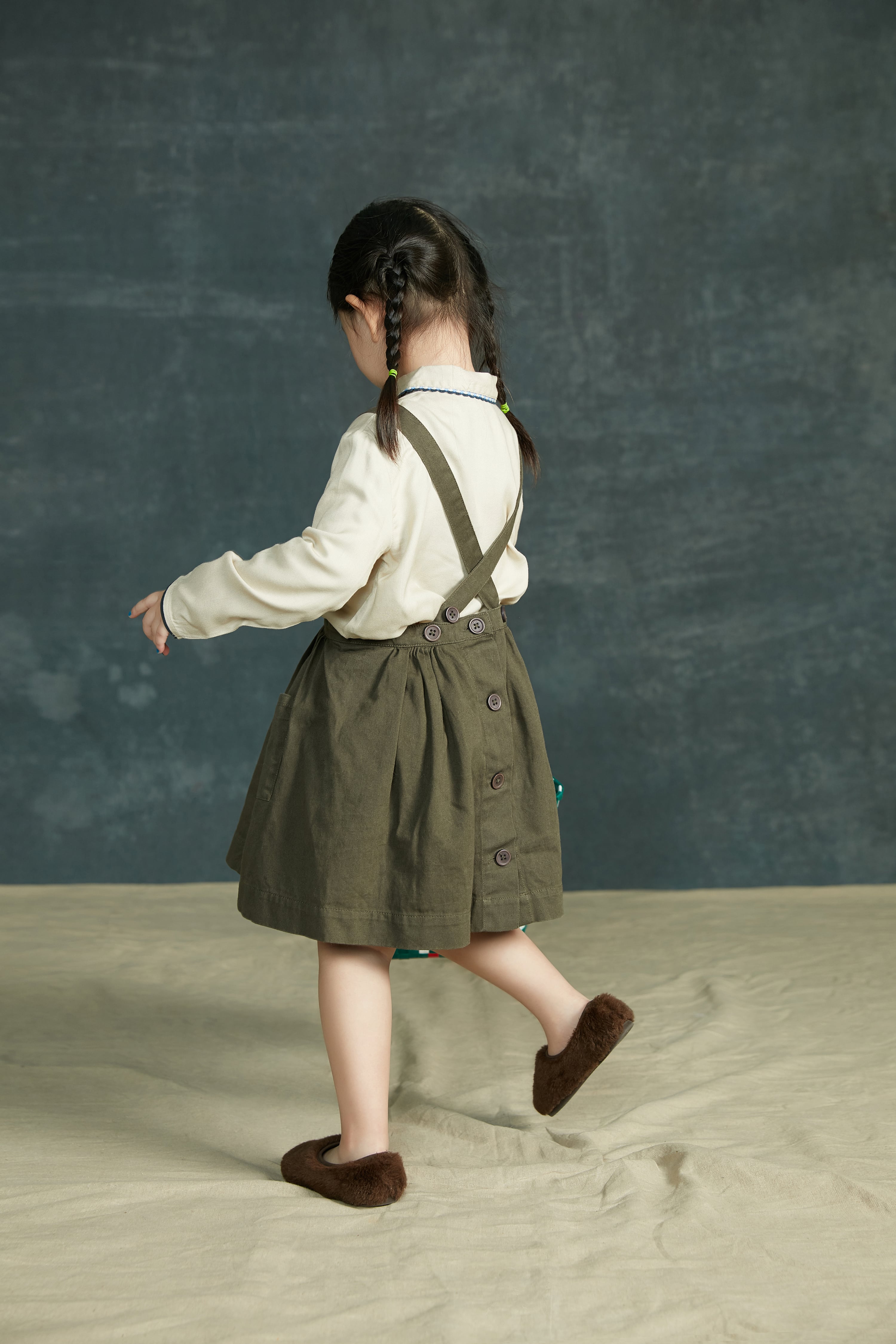 Girls Dark Green Cotton Strap Skirt