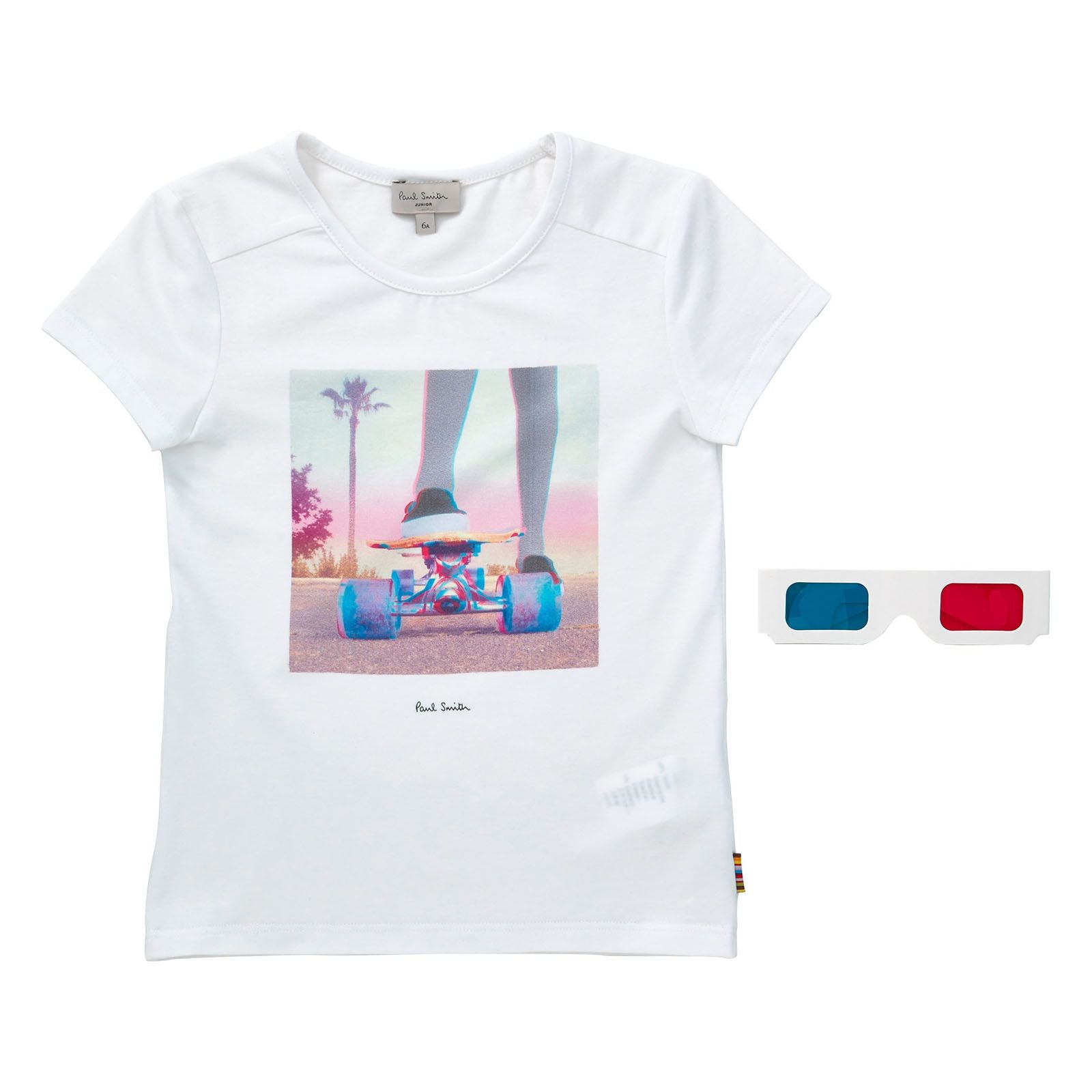 Girls White Skateboard Printed Cotton T-Shirt & 3D Glasses - CÉMAROSE | Children's Fashion Store