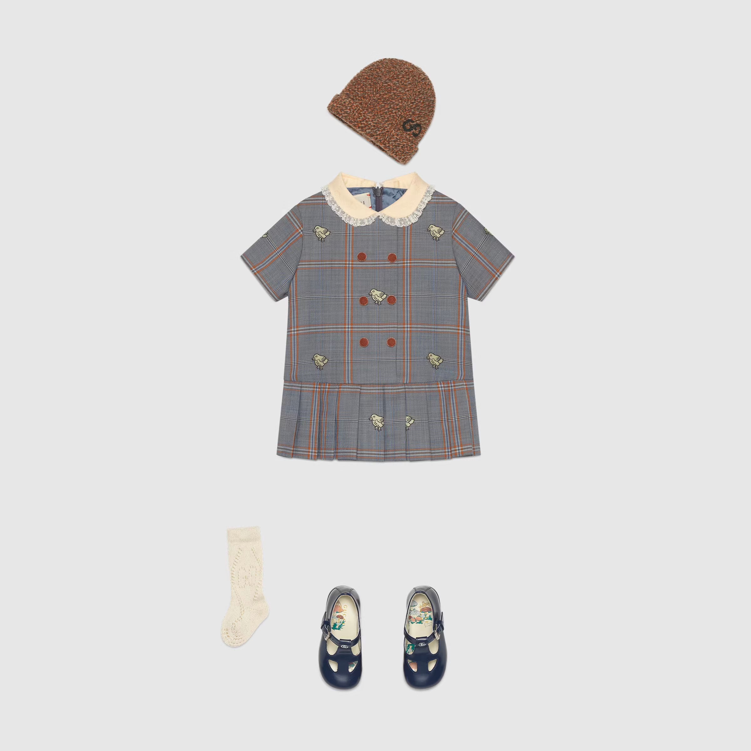 Baby Girls Grey Chick Embroidered Wool Dress