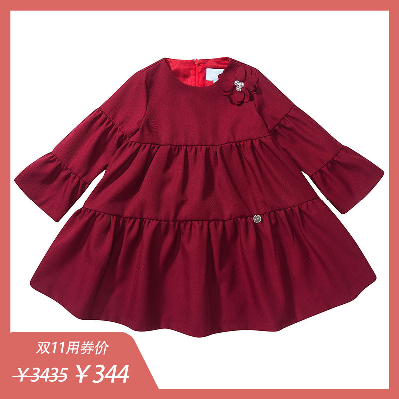 Girls Dark Red Tiered Wool Dress
