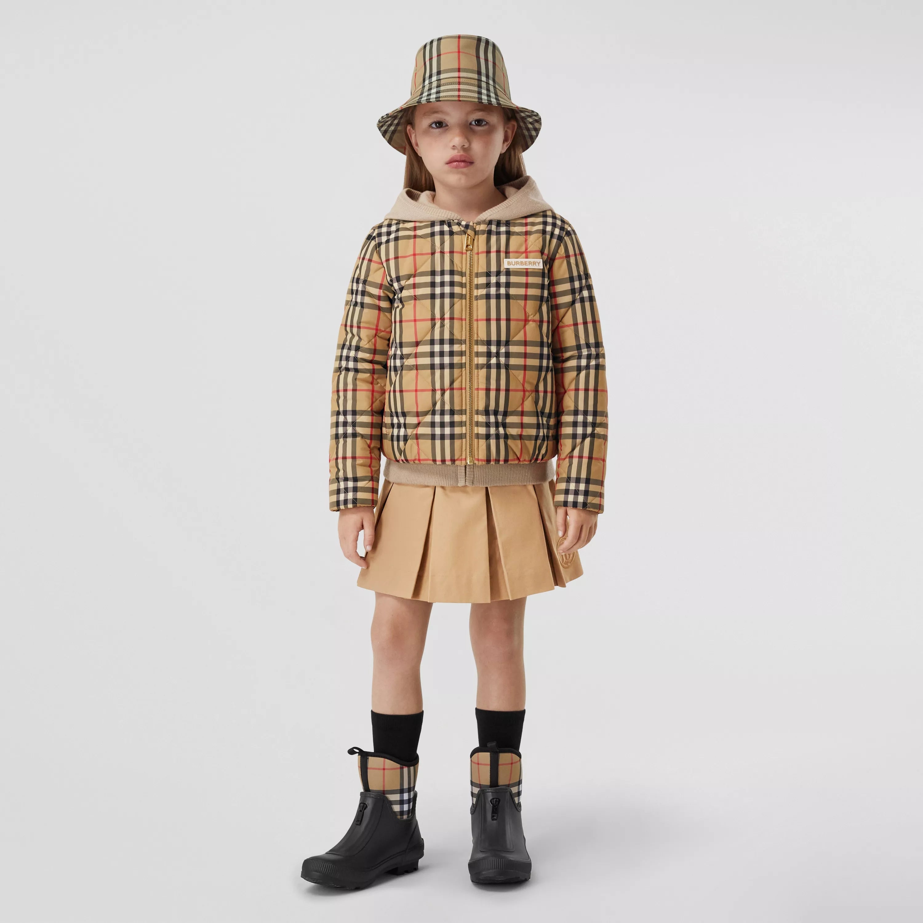 Girls Beige Logo Pleated Skirt