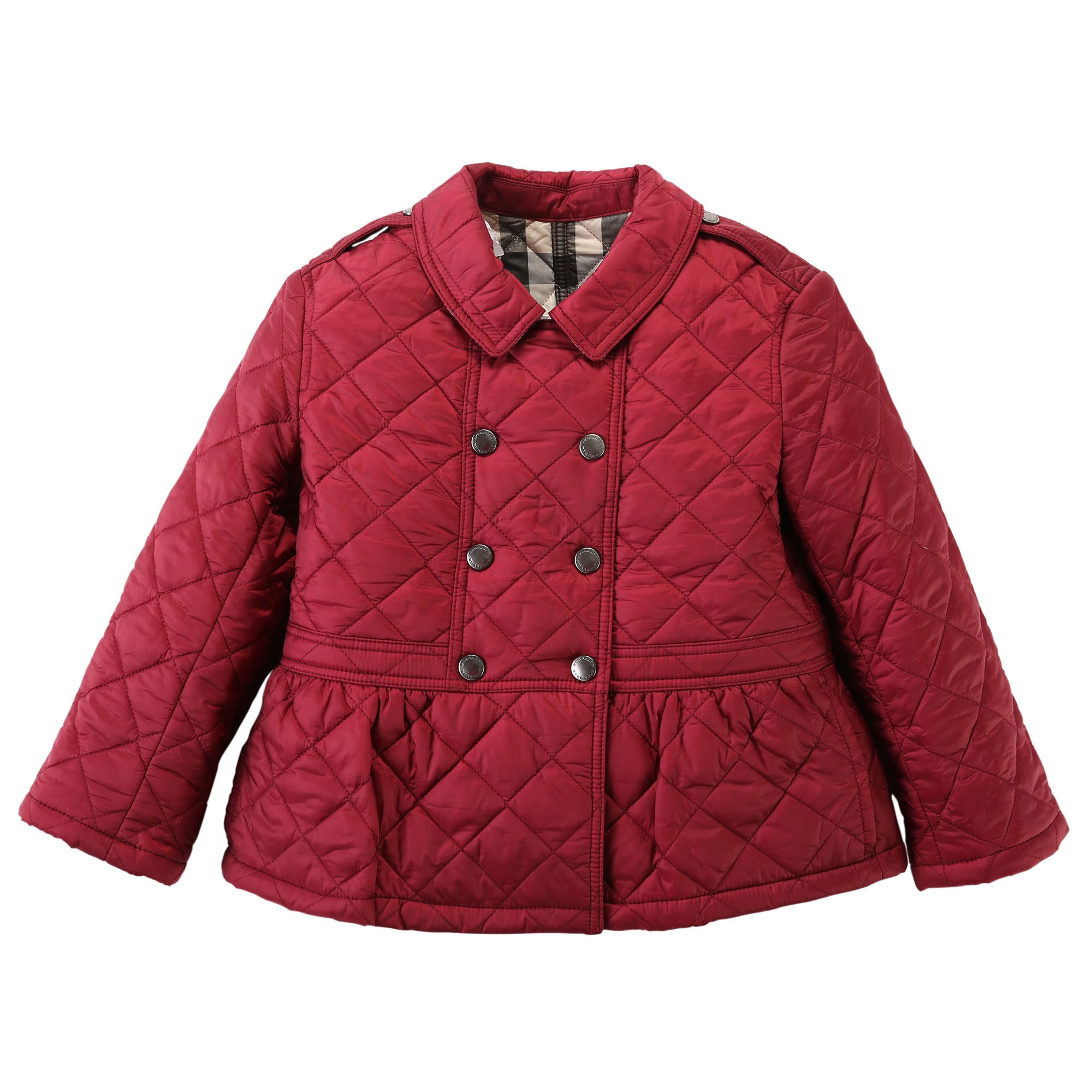Baby Girls Dark Pink Quilted Jacket With Check Trim - CÉMAROSE | Children's Fashion Store - 1