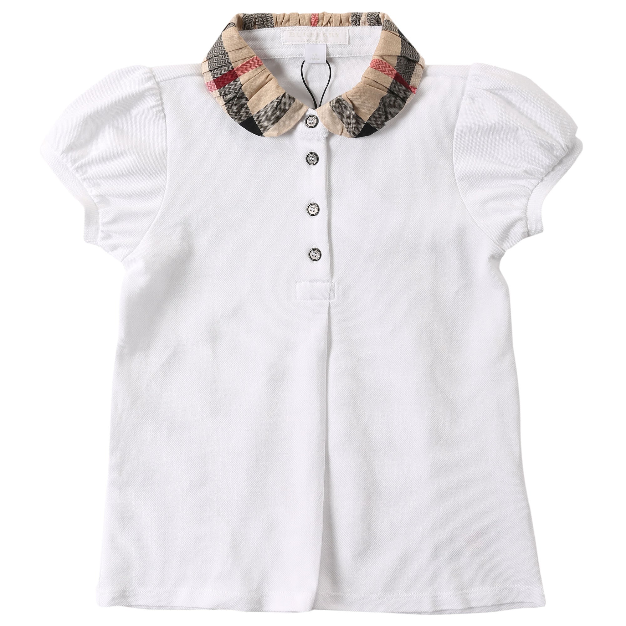 Girls White Cotton Polo Shirt With Beige Check Collar - CÉMAROSE | Children's Fashion Store - 1