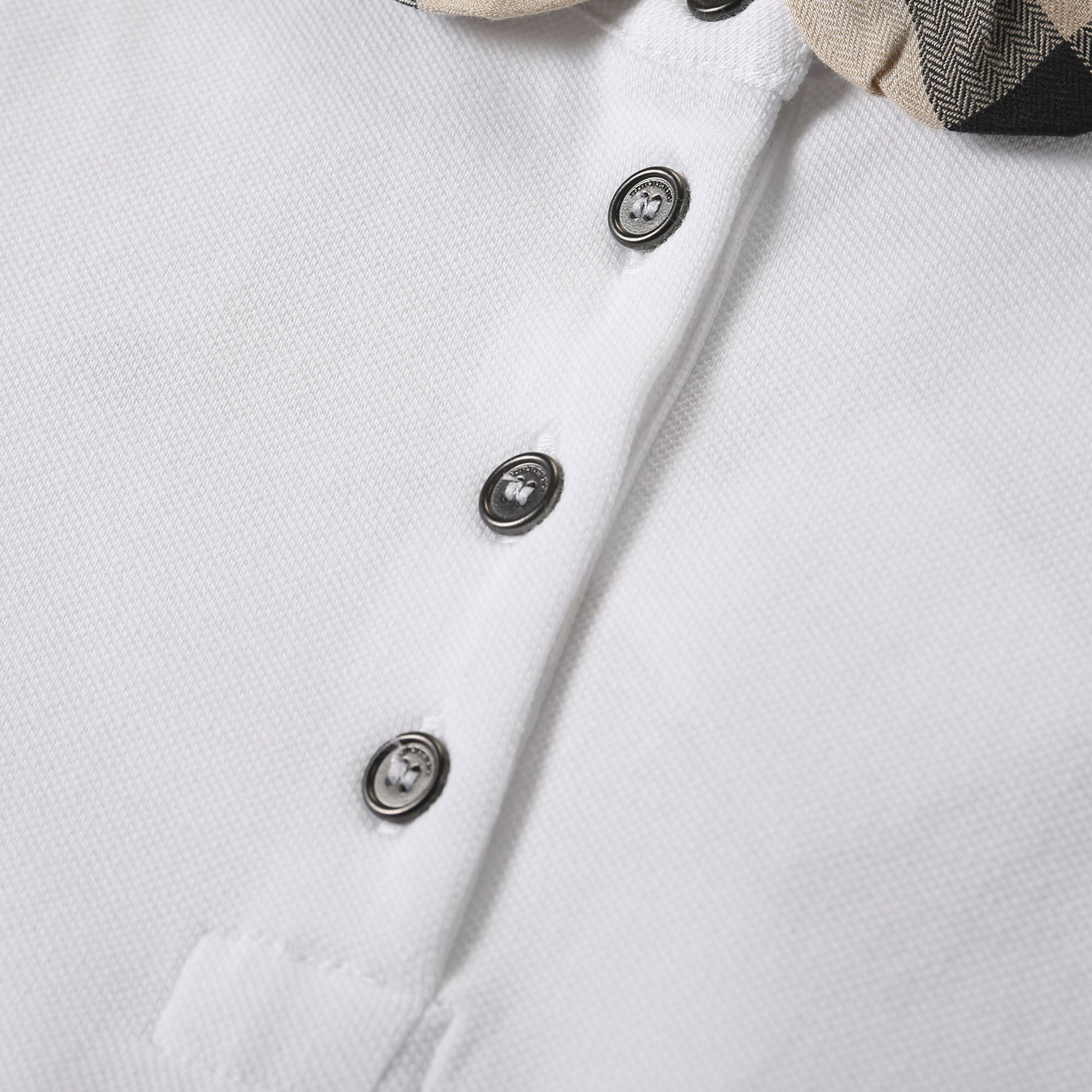 Girls White Cotton Polo Shirt With Beige Check Collar - CÉMAROSE | Children's Fashion Store - 4