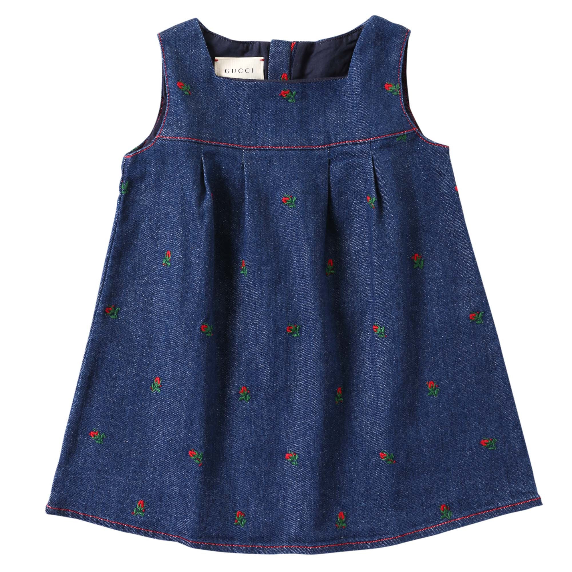 Baby Girls Blue Denim Dress With Red Embroidered Flower Trims - CÉMAROSE | Children's Fashion Store - 1