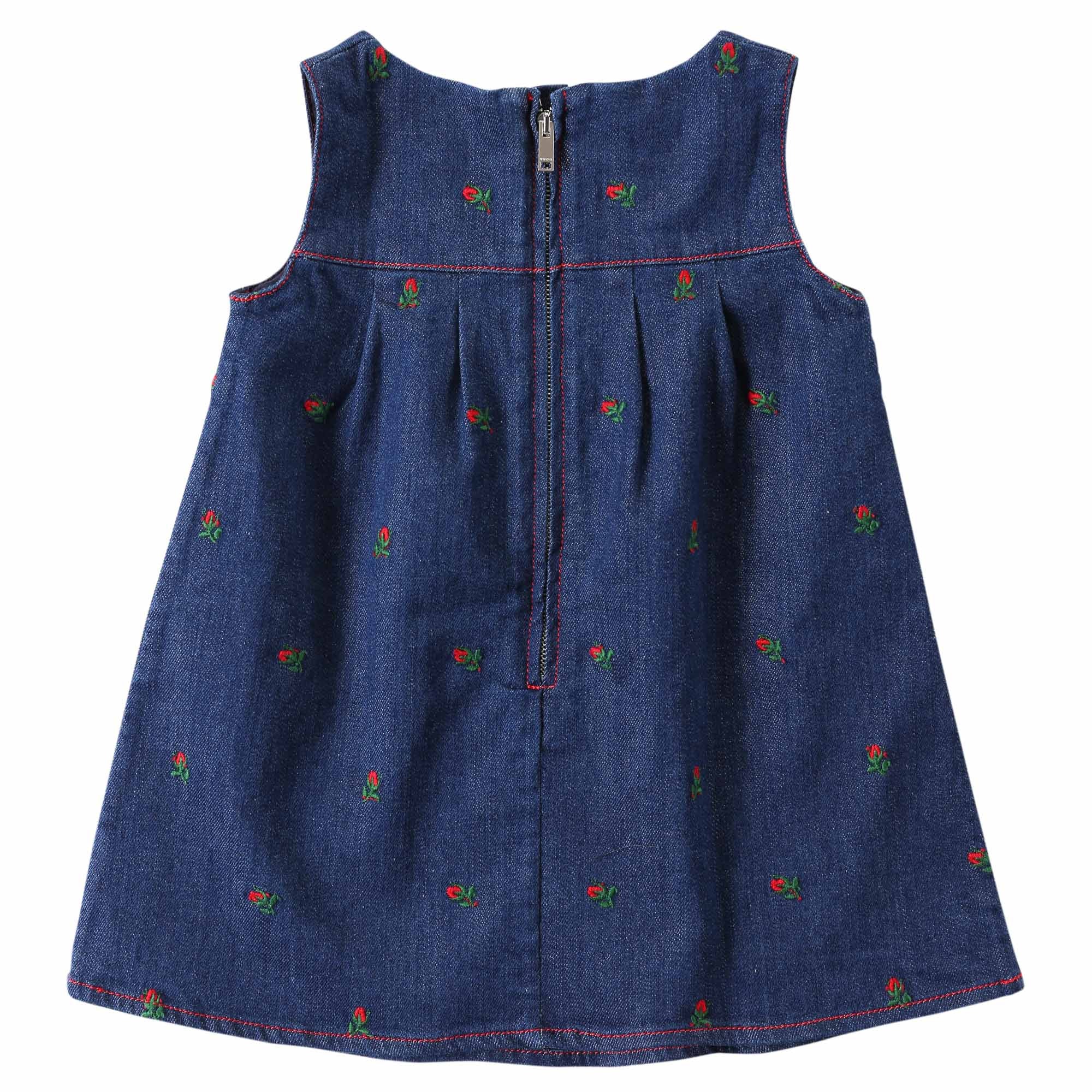 Baby Girls Blue Denim Dress With Red Embroidered Flower Trims - CÉMAROSE | Children's Fashion Store - 2