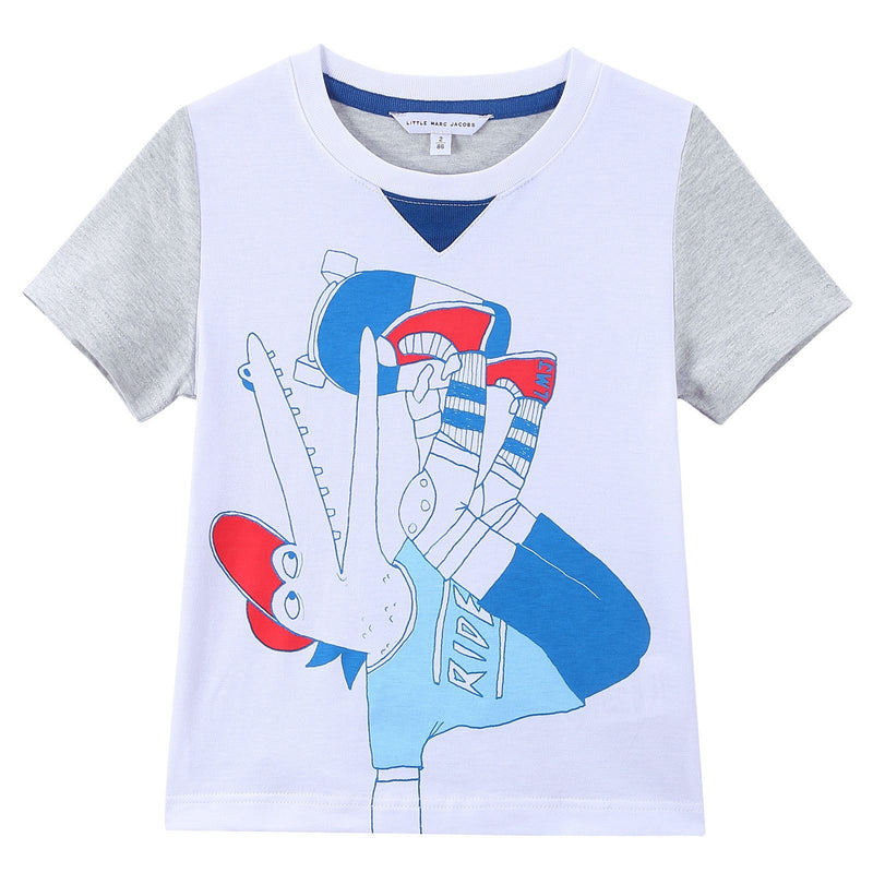 Boys White Cotton T-Shirt With Fancy Illustration Print - CÉMAROSE | Children's Fashion Store - 1