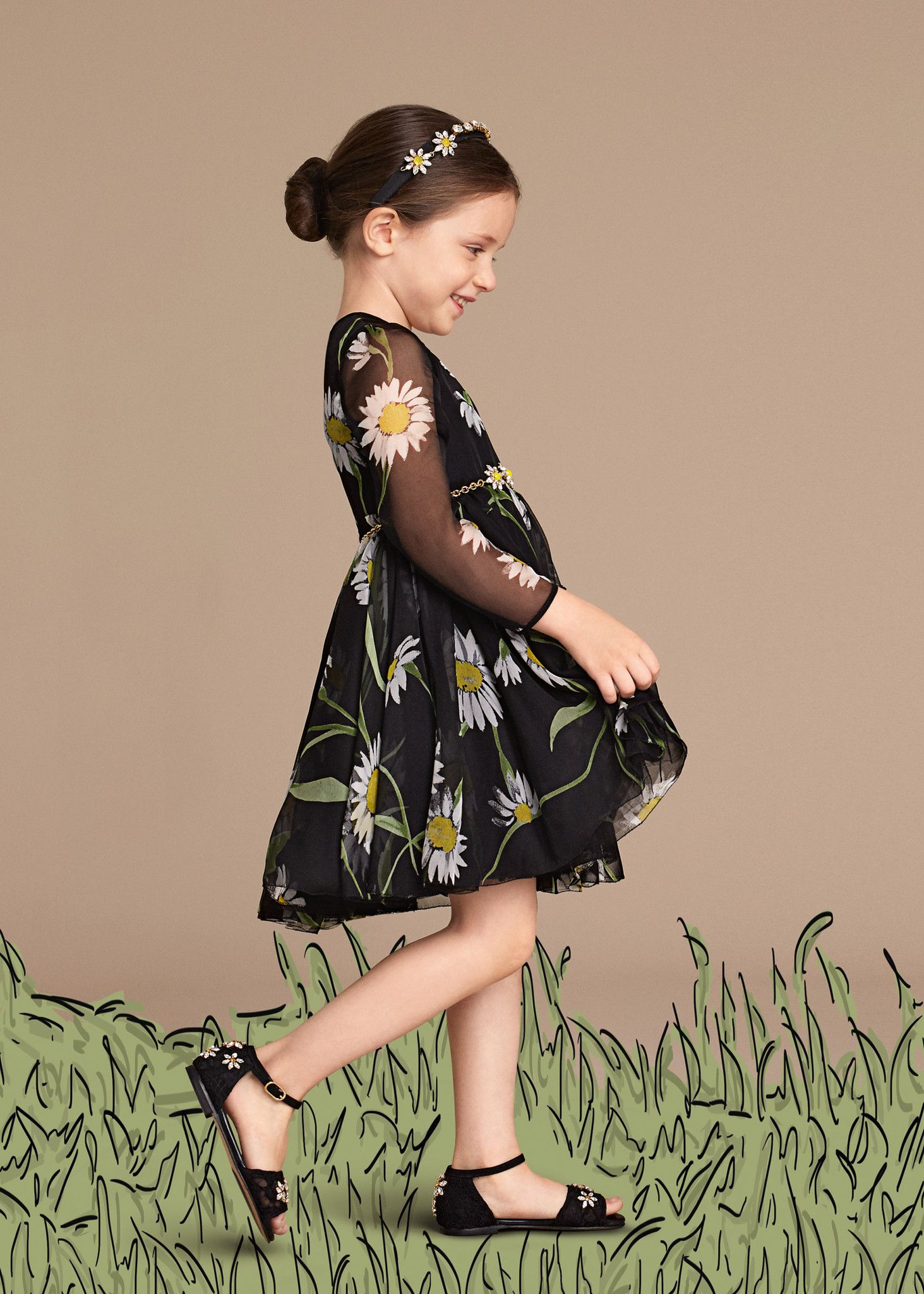 Baby Girls Black Flower Printed Silk Chiffon Dress With Elasticated Cuffs - CÉMAROSE | Children's Fashion Store - 2