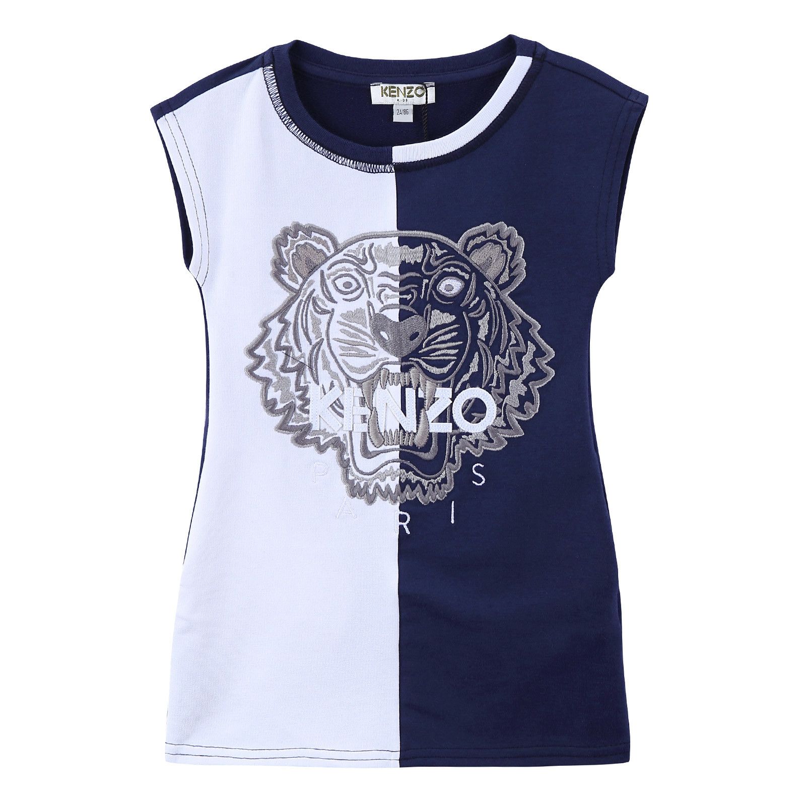 Girls White&Navy Blue Tiger Head Embroidered Jersey Dress - CÉMAROSE | Children's Fashion Store - 1