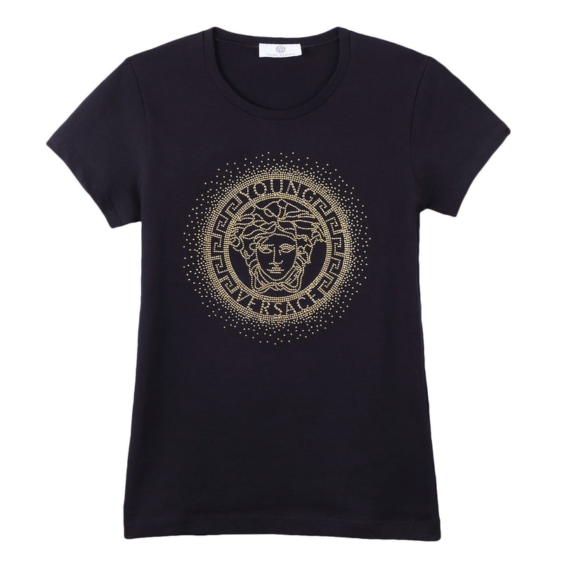 Girls Black Cotton T-Shirt With Gold Rhinestone Logo - CÉMAROSE | Children's Fashion Store - 1