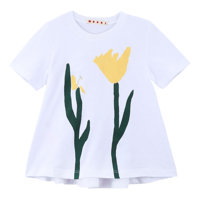 Girls White Flower Printed Cotton T-Shirt - CÉMAROSE | Children's Fashion Store - 1