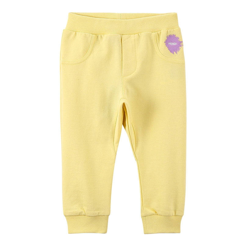 Baby Girls Light Yellow Cotton Trousers With Brand Logo Print - CÉMAROSE | Children's Fashion Store - 1