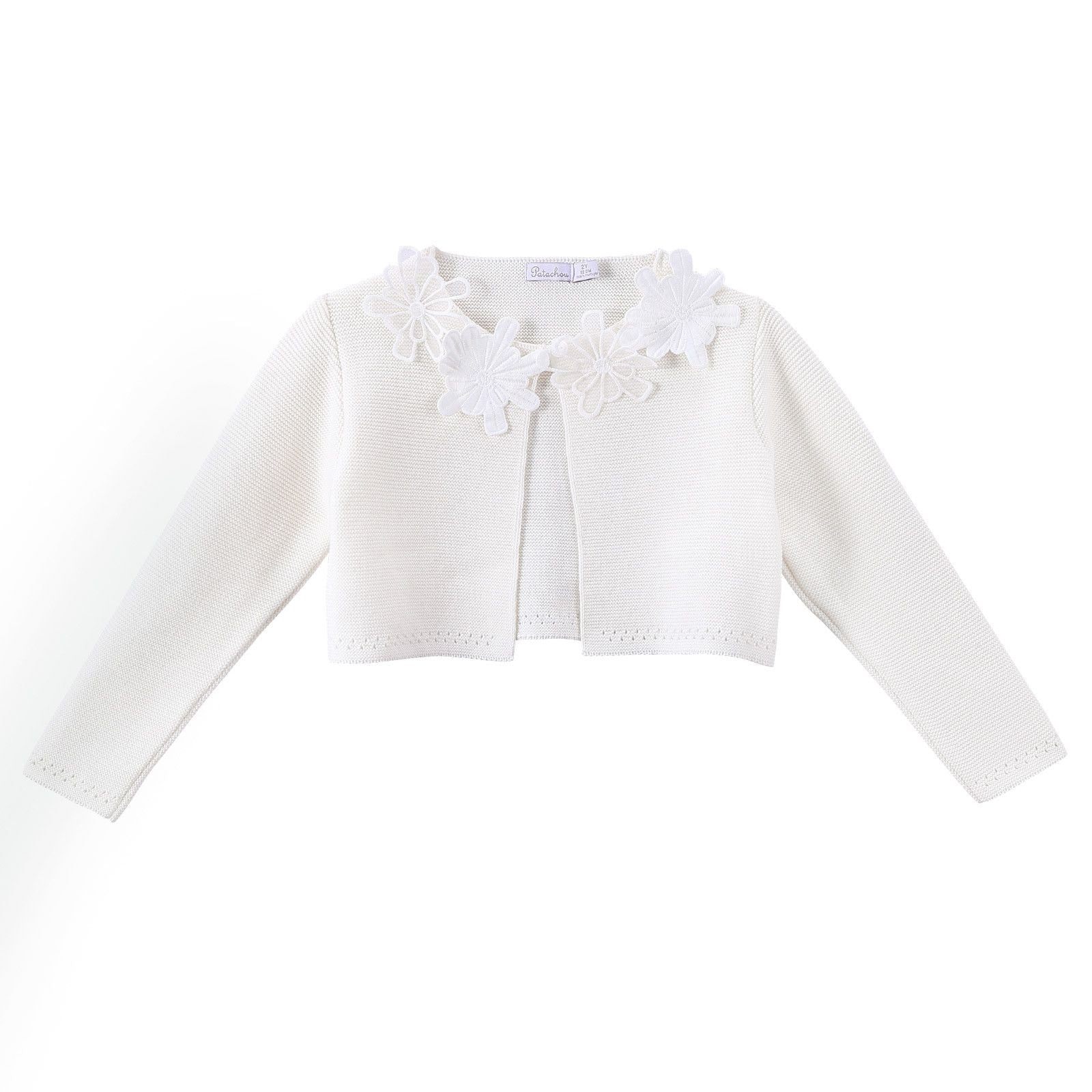 Girls White Knitted Cotton Cardigan With Patch Flower Trims - CÉMAROSE | Children's Fashion Store - 1