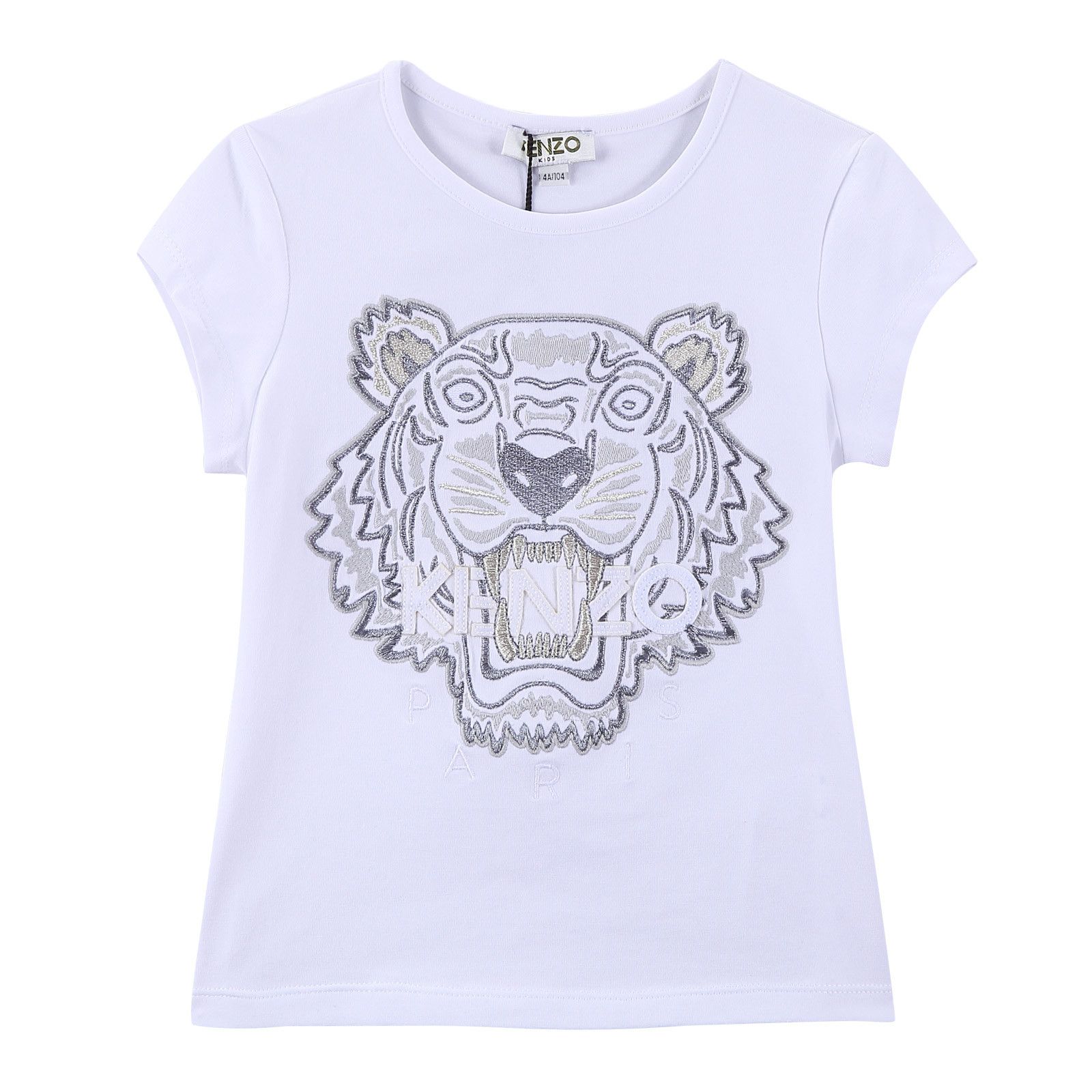 Girls White Tiger Head Embroidered Trims Cotton Jersey T-Shirt - CÉMAROSE | Children's Fashion Store - 1