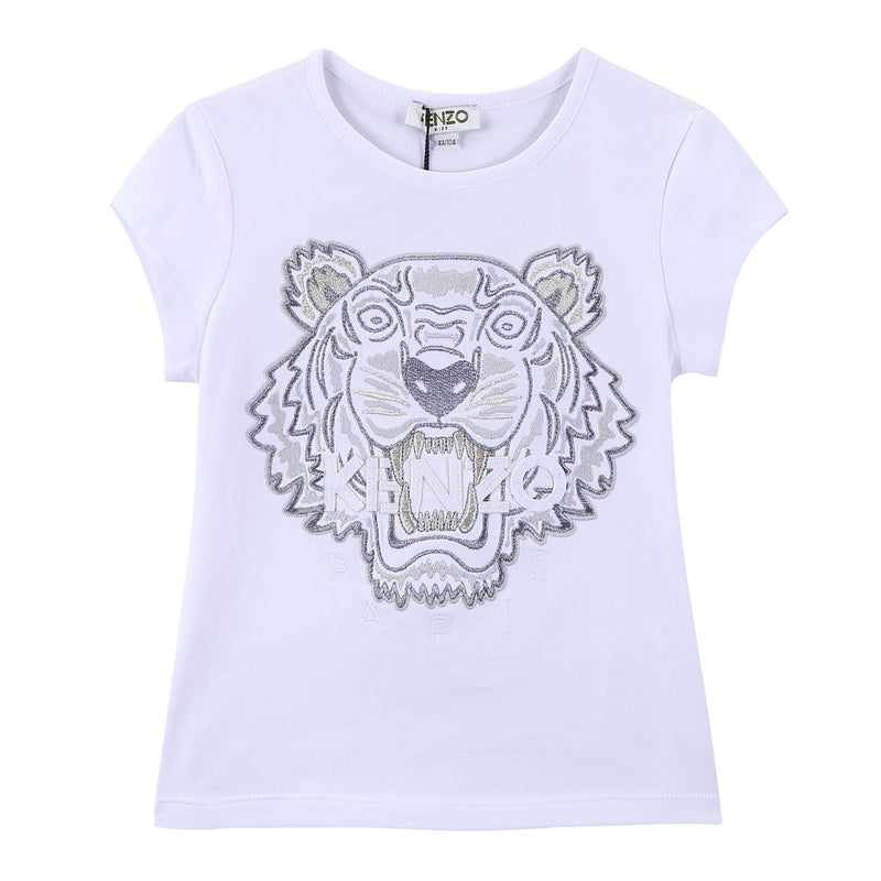 Girls White Tiger Head Embroidered Trims Cotton Jersey T-Shirt - CÉMAROSE | Children's Fashion Store - 1