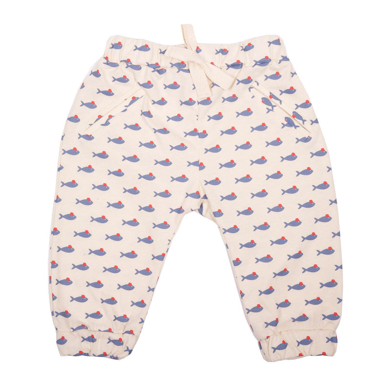 Baby White Fish Printed Cotton Trousers With Elastic Cuffs - CÉMAROSE | Children's Fashion Store