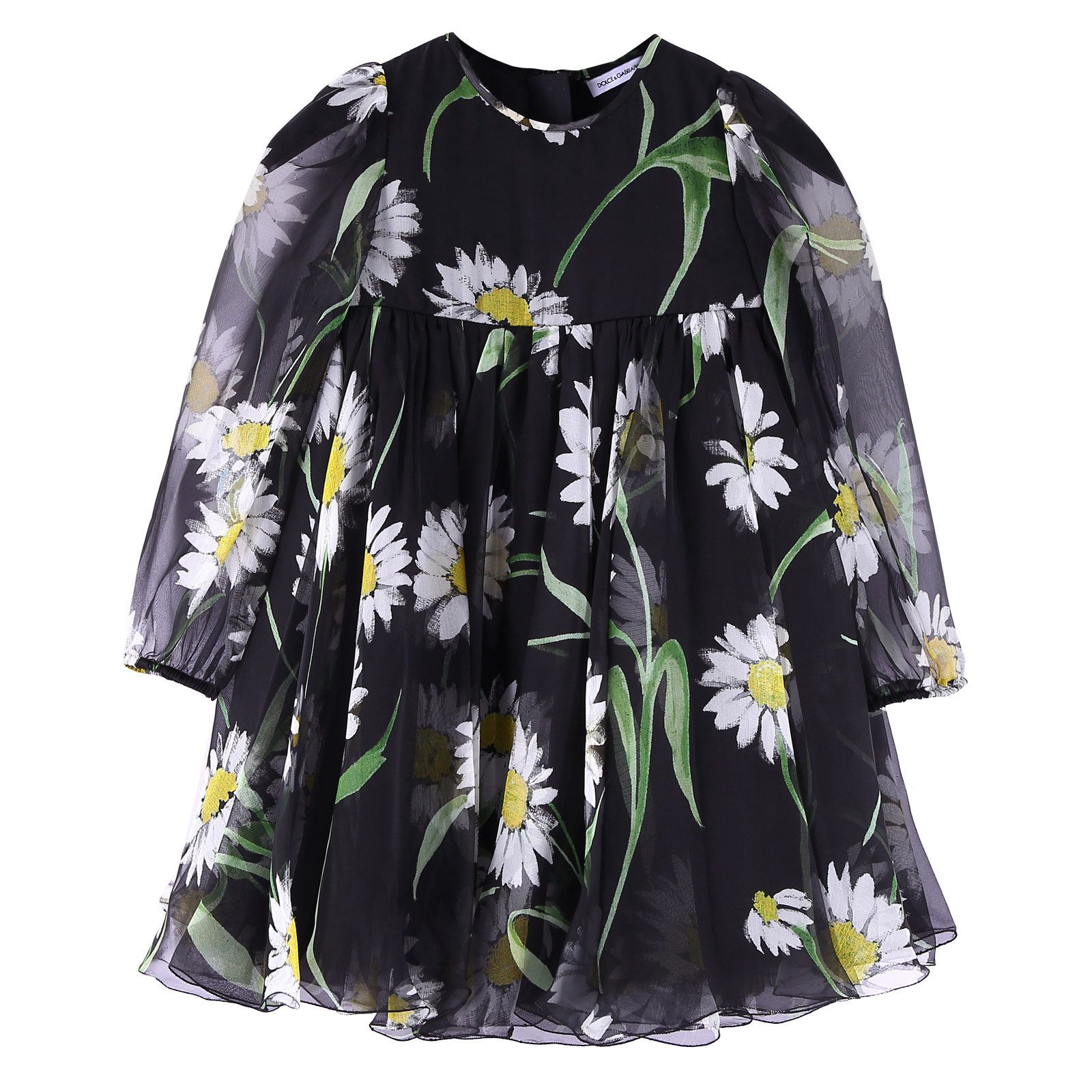 Baby Girls Black Flower Printed Silk Chiffon Dress With Elasticated Cuffs - CÉMAROSE | Children's Fashion Store - 1