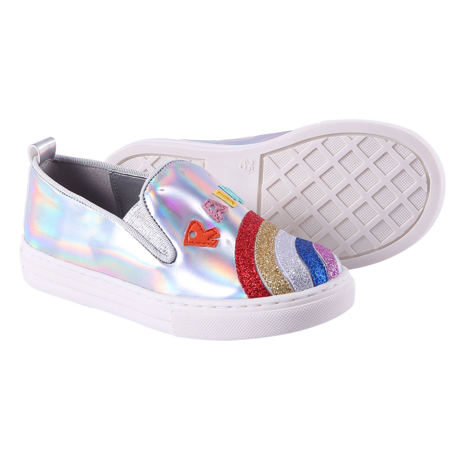 Girls Silver Shoes With Patch Rainbow Trims - CÉMAROSE | Children's Fashion Store - 2