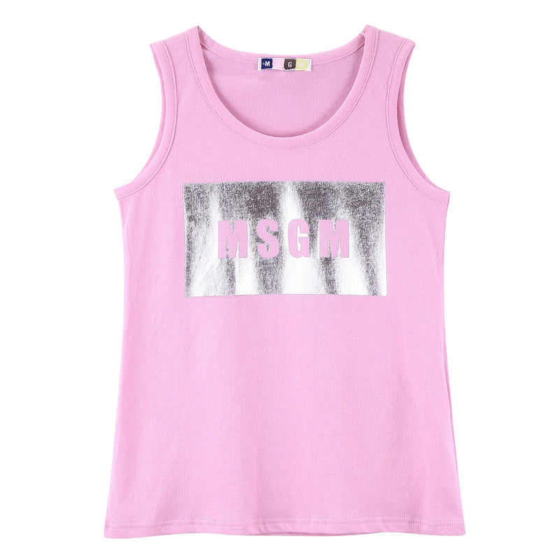 Girls Pink Cotton Jersey Vest With Silver Brand Name Logo - CÉMAROSE | Children's Fashion Store - 1