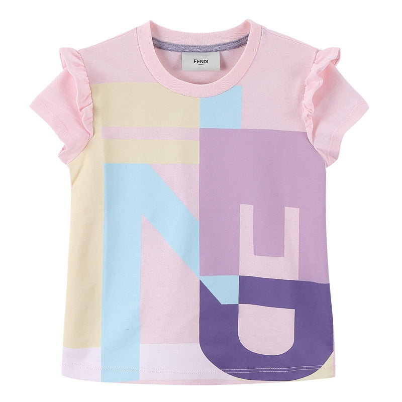 Girls Multicolour Cotton T-Shirt With Pink Frilly Cuffs - CÉMAROSE | Children's Fashion Store - 1