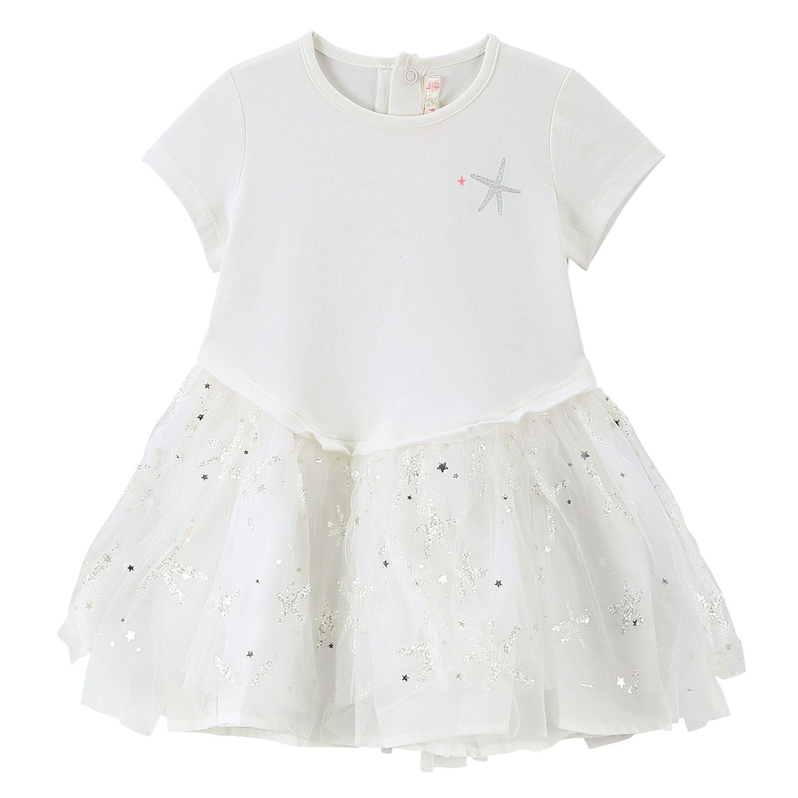 Baby Girls White Dress With Silver Patch Trims - CÉMAROSE | Children's Fashion Store - 1