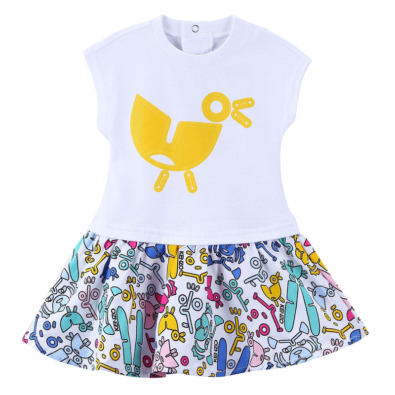 Baby Girls White Cotton Dress With Fancy Printed Trims Hem - CÉMAROSE | Children's Fashion Store - 1