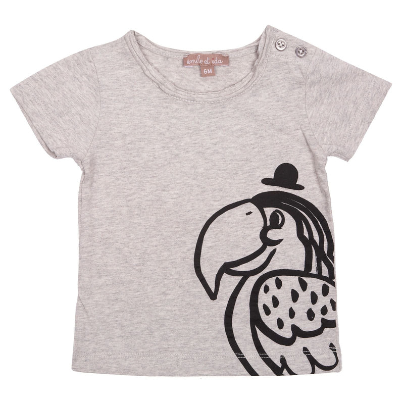 Girls Grey Perroquet Printed Cotton T-Shirt - CÉMAROSE | Children's Fashion Store