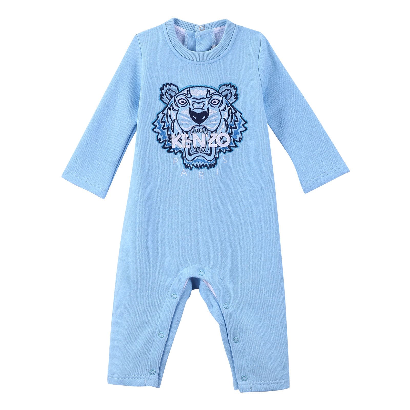 Baby Sky Blue Cotton Embroidered Tiger Head Babygrow - CÉMAROSE | Children's Fashion Store - 1
