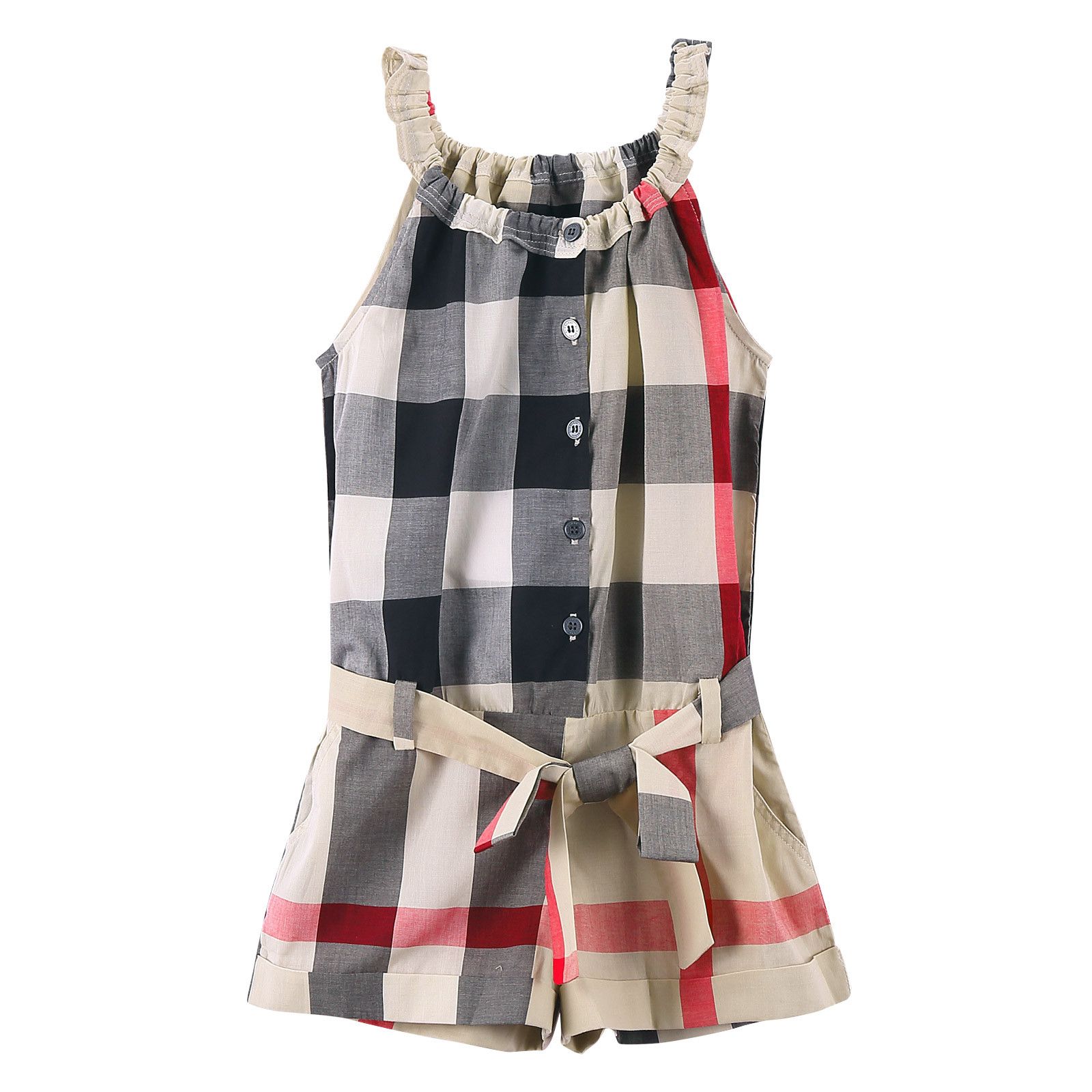 Girls Multicolor Classic Check Cotton Romper With Belt - CÉMAROSE | Children's Fashion Store - 1