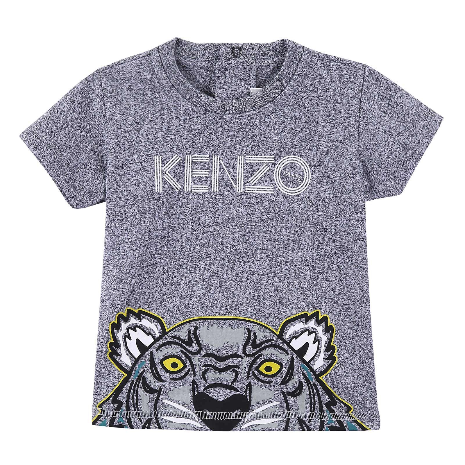 Baby Boys Dark Grey Cotton T-Shirt With Tiger Head Print Trims - CÉMAROSE | Children's Fashion Store - 1