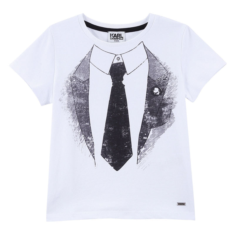Boys White Cotton T-Shirt With Black Tie Print - CÉMAROSE | Children's Fashion Store - 1