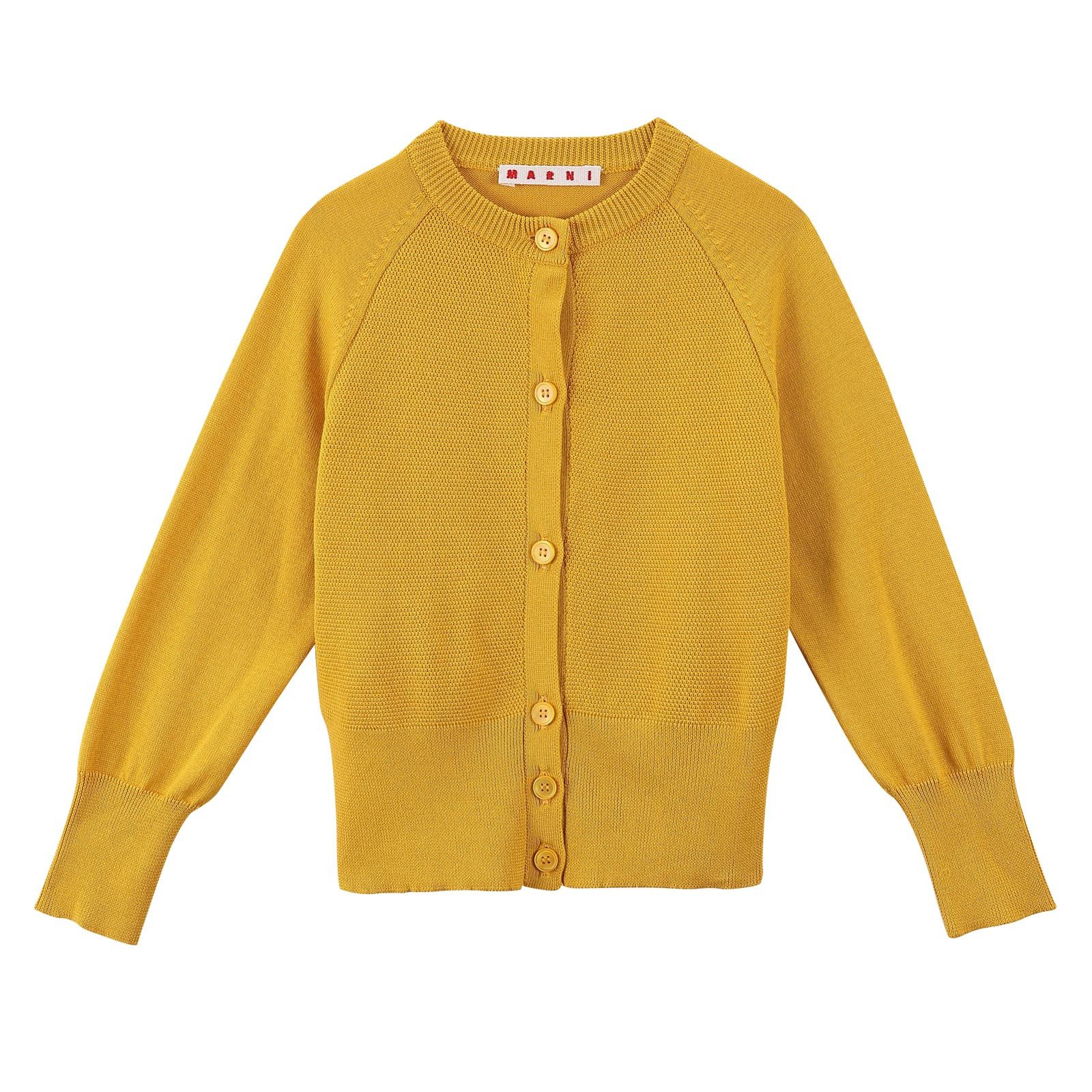 Girls Yellow Knitted Cotton Cardigan With Ribbed Cuffs - CÉMAROSE | Children's Fashion Store - 1