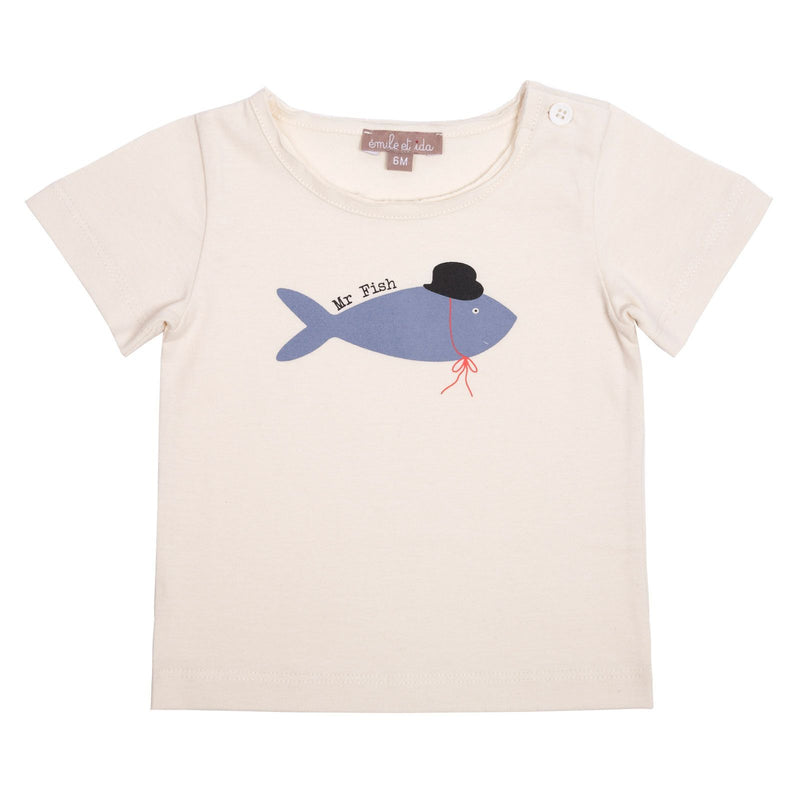 Girls White Cotton T-Shirt With Blue Fish Print - CÉMAROSE | Children's Fashion Store
