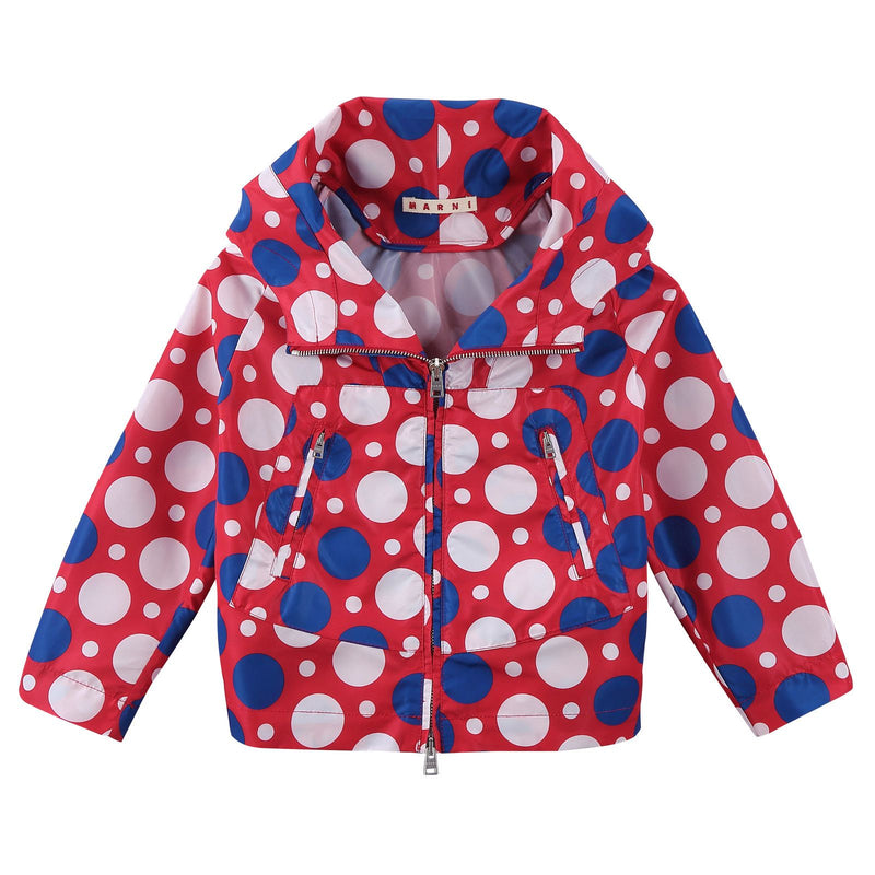 Girls Red Cotton Hooded Jacket With Multicolor Spot Print - CÉMAROSE | Children's Fashion Store - 1