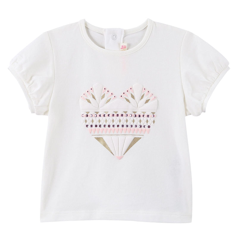 Baby Girls White Cotton T-Shirt With Patch Heart-shaped Trims - CÉMAROSE | Children's Fashion Store - 1