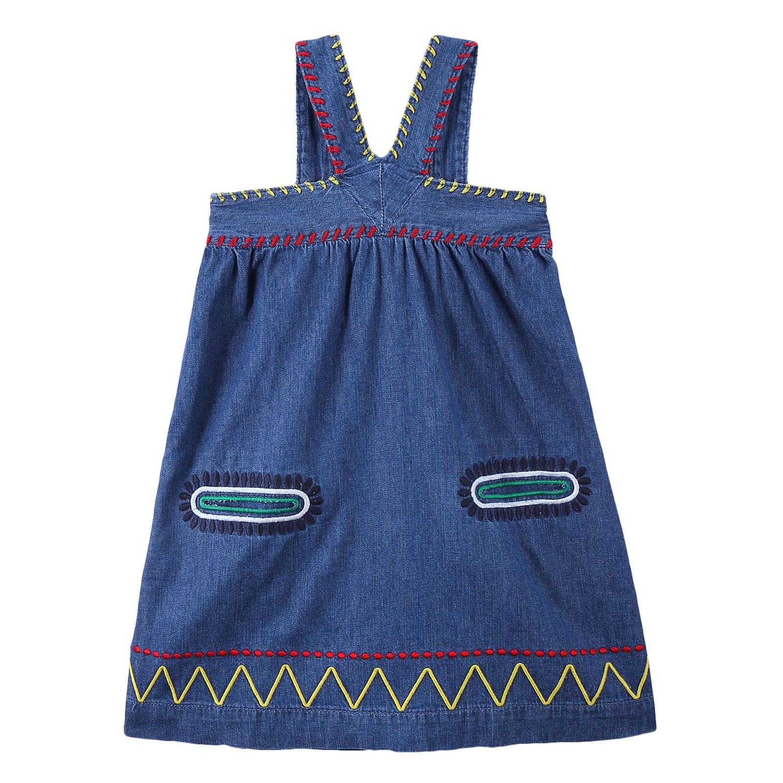 Girls Blue Cotton Denim Dress With Zig Zag Embroidered Trims - CÉMAROSE | Children's Fashion Store - 1