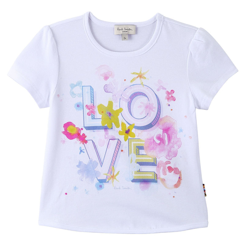 Girls White Cotton T-Shirt With Multicolor 'LOVE' Print - CÉMAROSE | Children's Fashion Store - 1