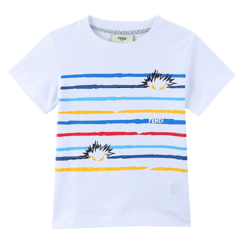 Boys White Cotton T-Shirt With Multicolour Stripe - CÉMAROSE | Children's Fashion Store - 1