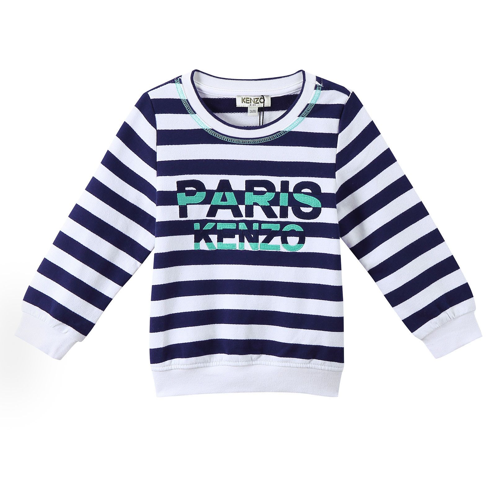 Girls White Cotton Sweatshirt With Navy Blue Striped - CÉMAROSE | Children's Fashion Store - 1
